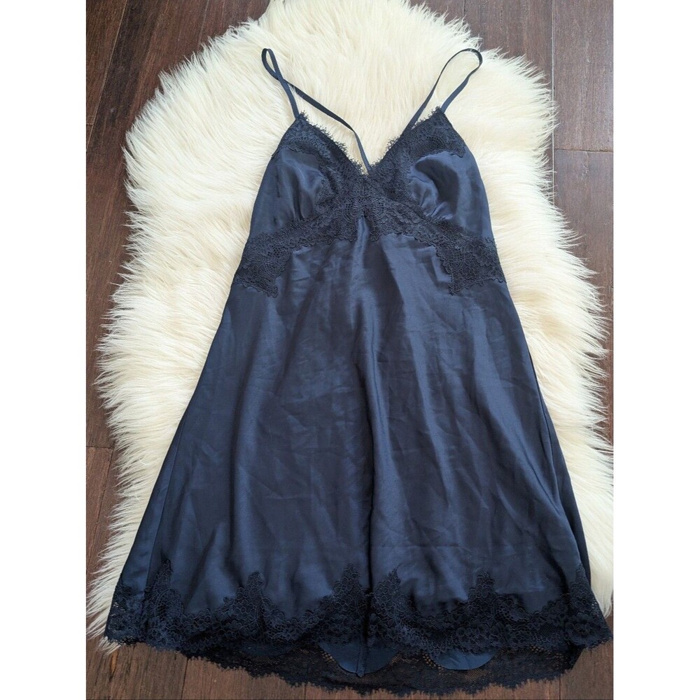 Abercrombie & Fitch Women's Lace Satin Nightie Slip Dress Chemise Nightgown Navy